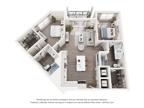 Floor plan for 2 beds, 2 baths, 1046 sqft